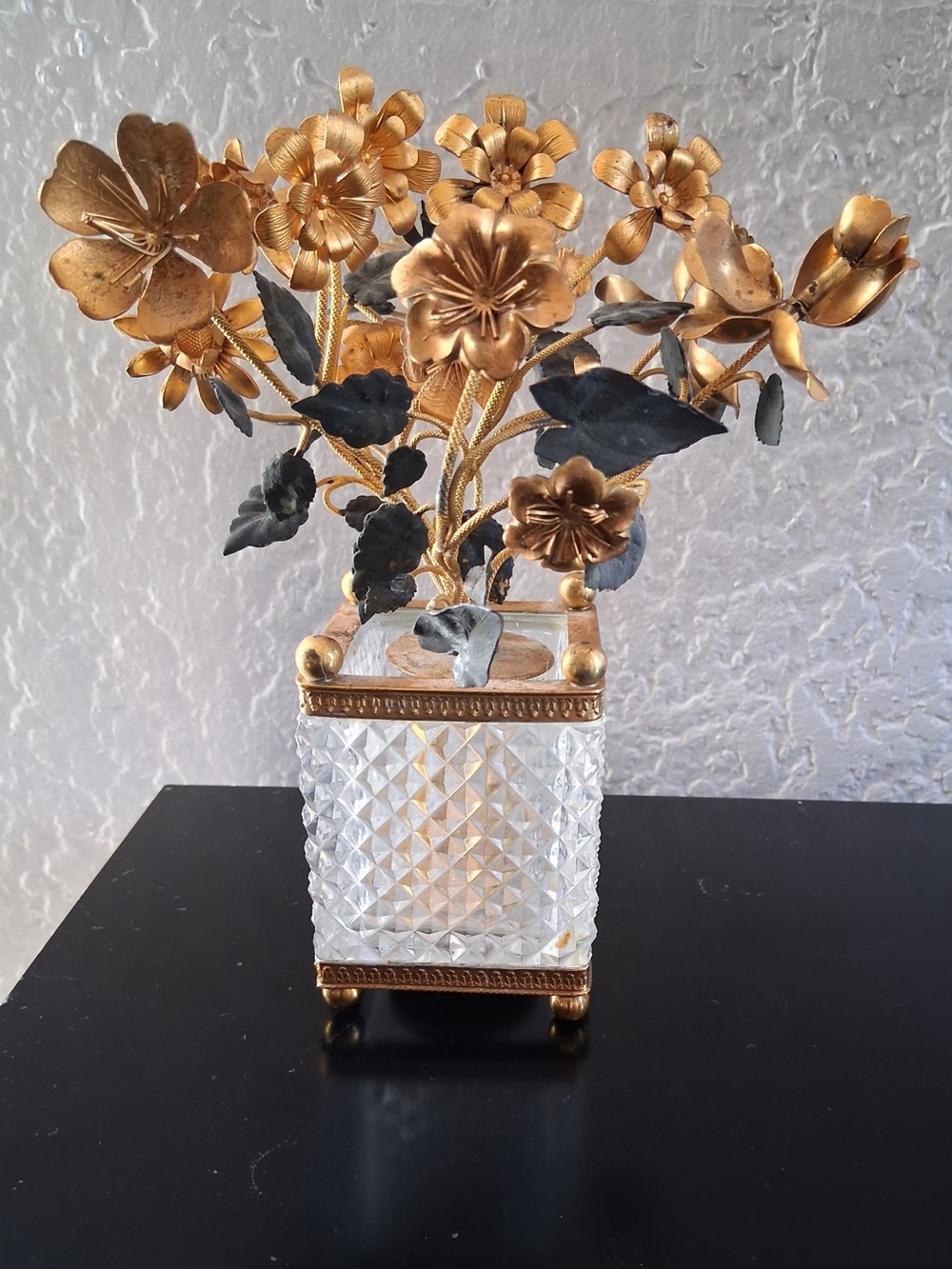 vintage Baccarat Style French Crystal Gilt & Patinated Bronze Floral Topiary Cac